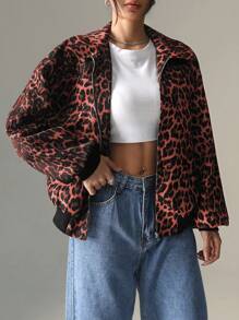 SHEIN EZwear 女士豹纹休闲拉链长袖夹克 - 紅色 - 查看 5