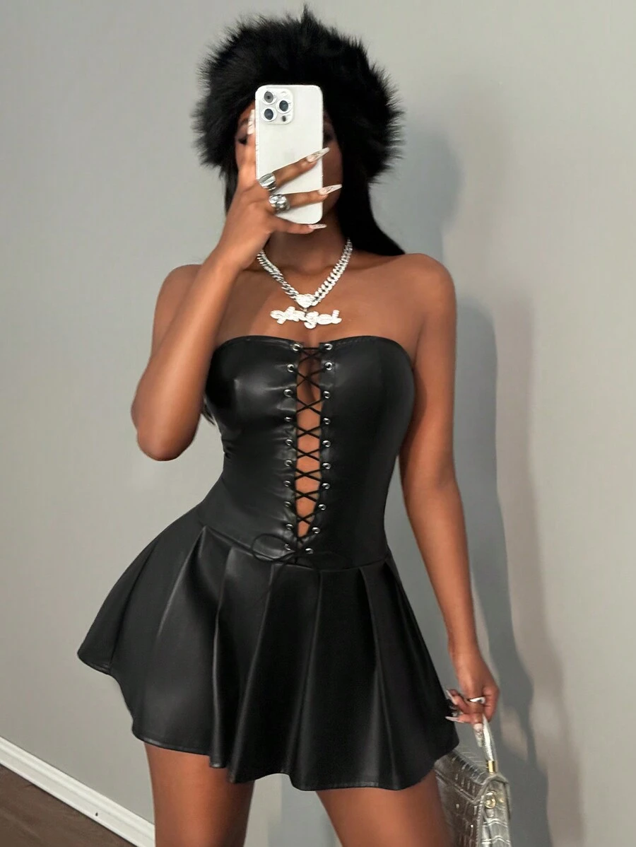 Slaydiva Streetwear Sexy Cute Baddie Tube Top Hollow Adjustable Strap A-Line Mini Pleated PU Leather Stretchy Black Dress - DD - Black - View 1