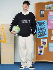 DAZY Men's Casual Colorblock Letter Pattern Knit Sweater, Autumn - Black - View 7