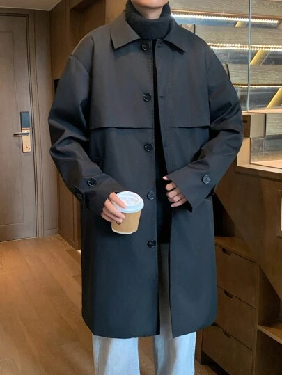 Manfinity Hypemode Men's Solid Color Lapel Long Sleeve Single-Breasted Loose Casual Long Trench Coat, Spring & Autumn, Work Black Trench Coat, For Friends, Husband, Boyfriend Gifts, For Fall