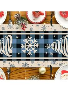 1pc Festive Christmas Tree Print Table Runner Blue Plaid And Snowflake Design - Perfect For Indoor And Outdoor Holiday Parties - Blue - View 4