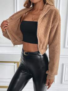 VaVaBold Cropped Double-Faced Fleece Hooded Jacket - Brown - View 5