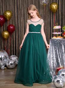 SHEIN Vestido Verde com Contraste em Tela para Meninas Adolescentes, Decote Canoa com Babados e Costas Abertas, Bainha com Bordado Floral, Vestido de Festa Elegante Adequado para Natal, Halloween, Páscoa e Outras Festas - Verde Escuro - Visão 6