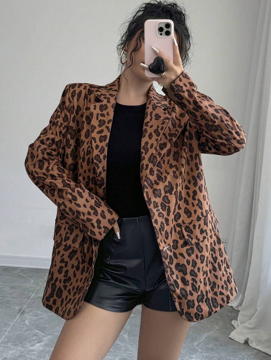 SHEIN Privé Áo khoác Blazer thời trang họa tiết da báo dài tay ve khía thu đông cho nữ - Nhiều màu - Xem 1