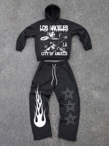 Manfinity LEGND Conjunto de sudadera con capucha y pantalón de chándal con estampado de calavera y letras para hombres de talla grande