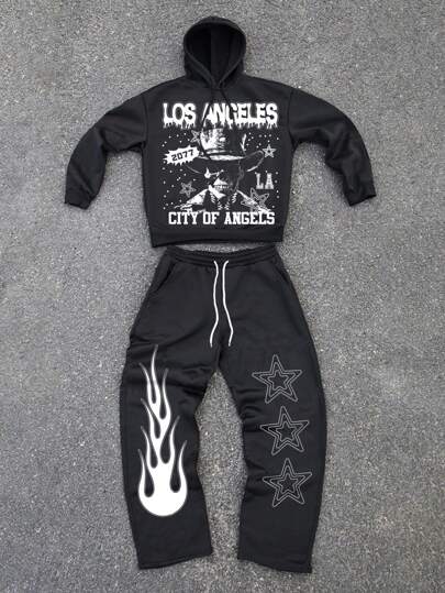 Manfinity EMRG Conjunto de sudadera con capucha y pantalón de chándal con estampado de calavera y letras para hombres de talla grande