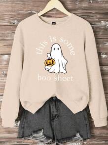 INAWLY Sudadera holgada casual de cuello redondo estampada con fantasma sosteniendo una calabaza, edición de Halloween, talla grande para otoño y primavera