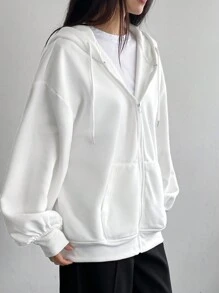 DAZY 女士纯色抓绒连帽衫，秋季女装卫衣外套拉链款，冬季 - 白色 - 查看 6