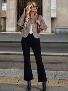 Chiquease Jachetă casual scurtă în carouri, cu mânecă lungă, cu gât rotund, pentru primăvară și toamnă