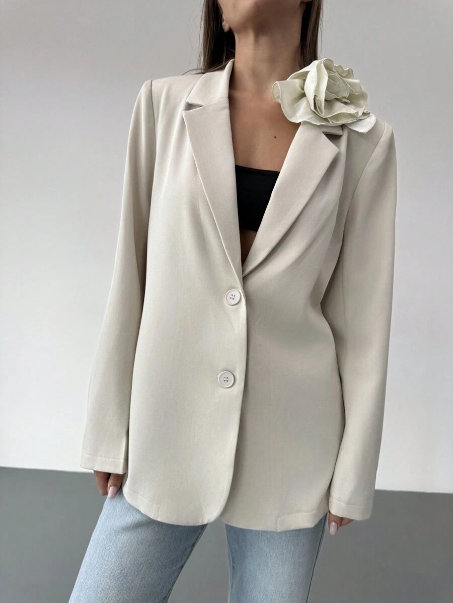 Aloruh Loose Fit Elegant Long Sleeve Oversized Women Suit Jacket - Apricot - View 1