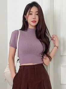 DAZY 女士纯色圆领短袖休闲针织毛衣 - 紫色 - 查看 6