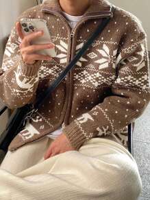 DAZY Men's Geometric Printed Zip-Up Jacquard Knit Cardigan, Autumn Jacket Christmas,New Year - Brown - View 2