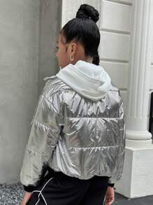 SHEIN Leap Crew Tween Girl Solid Color Stand Collar Long Sleeve Cardigan With Fleece Liner Thick Winter Jacket - Silver - View 2