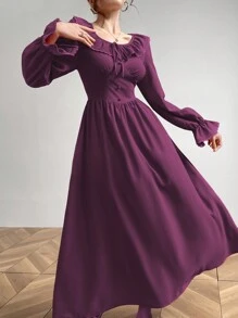 Modelyn 女士纯色圆领荷叶边下摆优雅长袖短裙长款女士装长款晚礼服 - 紫色 - 查看 3