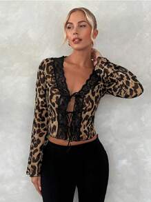 Firerie Women Leopard Print Lace Patchwork Button-Up Long Sleeve Shirt