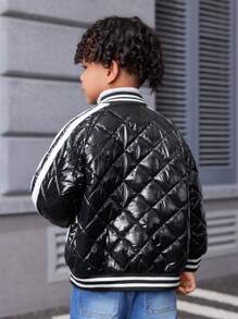 SHEIN Explorewe 2pcs Young Boys Classic Letterman Jacket With Embroidered Patch,Ribbed Collar & Cuffs,Winter,Career Day,Back-To-School - Black - View 2