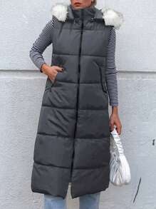 EURMUSE Sleeveless Hooded Padded Coat With Fur Collar - Dark Grey - View 4
