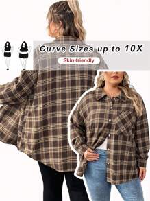 SHEIN CURVE+ 大码女式格子印花纽扣口袋长袖休闲棕色衬衫 - 彩色 - 查看 2