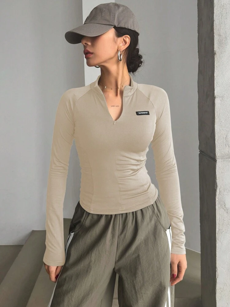 Fitted Raglan Sleeve Mock Neck T-Shirt With Silicone Letter Print For Women,Fall Clothes Long Sleeve Women Tops Turtleneck Women