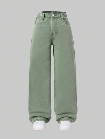 SHEIN Tween Girl Y2K Street Daily Elastic Waist  Straight Jeans With Flat Pockets, Girls Daily OOTD Outfits, School, Campus, College