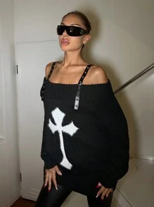 SHEIN ICON Halloween Cross Pattern Casual Oversized Long Sleeve Sweater With Thick Straps Outfits, Women Clothes