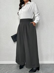 Calvaya 大码高腰褶皱阔腿裤，工作服 - 灰色 - 查看 3