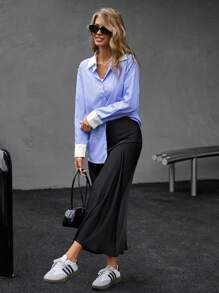 Aveloria Modichic French Design Blue & White Striped Patchwork Loose Long Sleeve Women Blouse, Work Wear - Blue and White - View 4