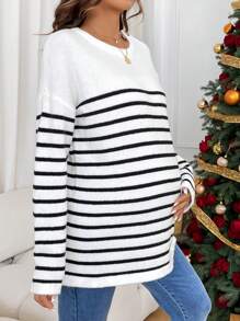 SHEIN Pregnant Women's Stripes Round Neck Drop Shoulder Long Sleeve Button Design Casual Sweater, Fall/Winter, For Maternity - Black and White - View 5