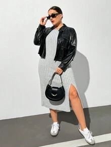 SHEIN Essnce Váy midi xám vải chải rộng rãi cho nữ cỡ lớn mùa thu, quần áo mùa thu cho nữ, váy cong, váy mặc ở nhà - Xám - Xem 3