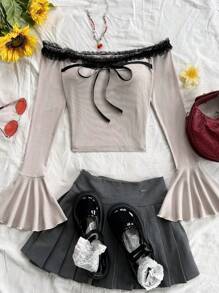 Soleia Holiday Ladies Autumn Apricot Off Shoulder Splicing Lace Cuffs Trumpet Splicing Front Center Tie Bow Cut Cute Top Off Shoulder Long Sleeve - Apricot - View 4