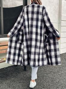 SHEIN LUNE Chaqueta larga de manga larga con puño para mujeres, a cuadros blanco y negro de 2024