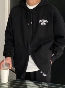DAZY 男士字母印花拉链抽绳连帽衫和运动裤休闲套装，秋季 - 黑色 - 查看 2