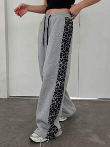 DAZY Women's Leopard Print Patchwork Straight Leg High Waist Sweatpants,Back To School Clothes Women Joggers - Grey - View 2
