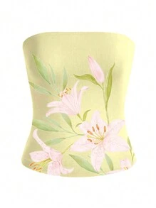 INAWLY Women's Summer Floral Print Cropped Tube Top - Yellow - View 3