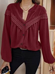SHEIN LUNE Long Sleeve Casual Hollow Out Embroidery Patchwork Shirt, Spring Autumn - Burgundy - View 4