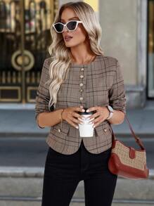 Chiquease Jachetă casual scurtă în carouri, cu mânecă lungă, cu gât rotund, pentru primăvară și toamnă