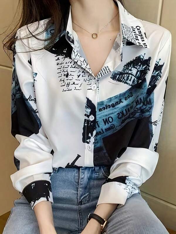 Camisa informal de mujer con estampado de periódico a bloques de color, para primavera/otoño, de manga larga