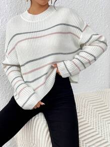 SHEIN VCAY Striped Pattern Drop Shoulder Sweater,Long Sleeve Tops In Fall/Winter - Beige - View 7