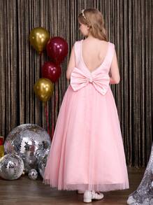 SHEIN Tween Girls Pink V-Neck Backless Butterfly Decor Mesh Dress, Elegant Party Gown Suitable For Outdoor And Indoor Events - Pink - View 2