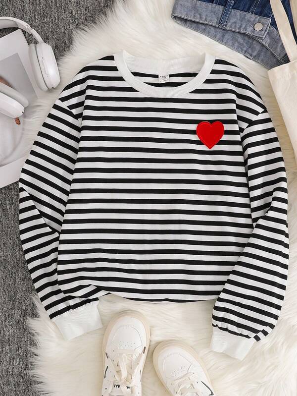 SHEIN Lightweight Knit Colorblock Striped Heart Graphic Loose Casual Crew Neck Pullover Sweatshirt For Teen Girls, Suitable For Holiday & Spring Festival Outfits