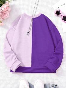 SHEIN Tween Girl Colorblock Round Neck Long Sleeve Loose Casual Sweatshirt, Autumn/Winter - Purple - View 2