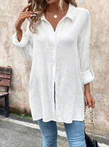 SHEIN LUNE 女士休闲前开 V 领白色衬衫，适合海滩度假，秋季 - 白色 - 查看 5