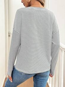 SHEIN LUNE Women's Asymmetric Collar Striped Print Long Sleeve T-Shirt With Pockets - Black and White - View 2