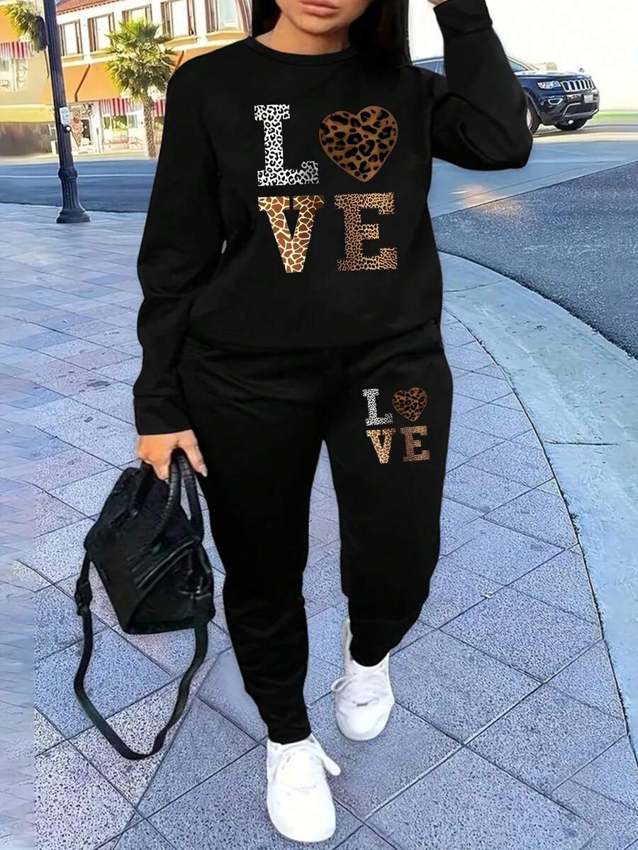 Maweii 大码秋季休闲豹纹印花和字母运动衫和运动裤套装 - 黑色 - 查看 1