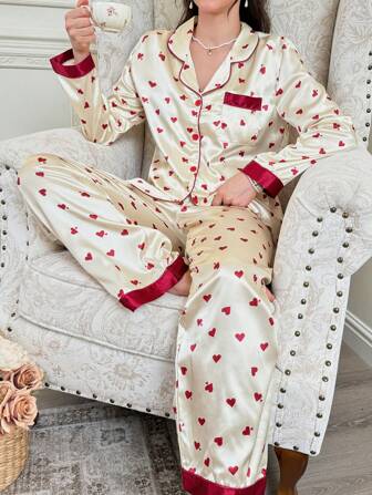 CottageSlumber Contrast Color Patchwork Heart Print Lapel Faux Silk Pajama Set Holiday Season, Fall Winter Clothes Cozy And Elegant Details