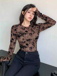 DAZY Women's Full Floral Print Mesh Long Sleeve Top Going Out Tops Sheer,Fall Women Clothes