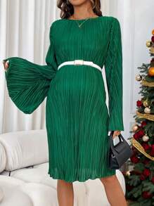 SHEIN 孕妇春秋优雅纯色褶皱喇叭袖连衣裙，适合孕妇，适合圣诞节 - 墨綠色 - 查看 4