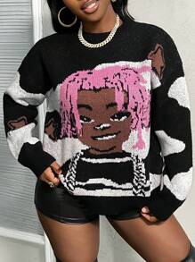 Slaydiva Women's Fashionable Contrast Color Cartoon Pattern Sweater, Autumn Winter - Black - View 6
