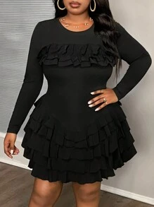Slaydiva Plus Size Solid Color Knit Ruffle Trim Elegant Dress