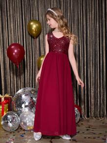Elegante y lujoso vestido largo sin mangas de color borgoña para niñas, adecuado para Navidad, Halloween, fiestas formales, cumpleaños, actuaciones y otros festivales - Burdeos - Ver 1